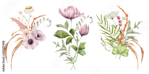 Wild flowers watercolor bouquet botanical hand drawn illustration