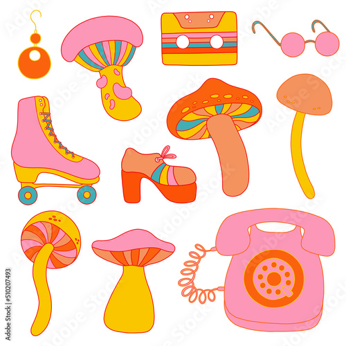 Retro groovy elements from 1970 vibe, cute hippy stickers: сassette, earring, magic mushrooms, shoes, old phon, sunglasses, rollers. Vector set in pink, yellow, orange colors.