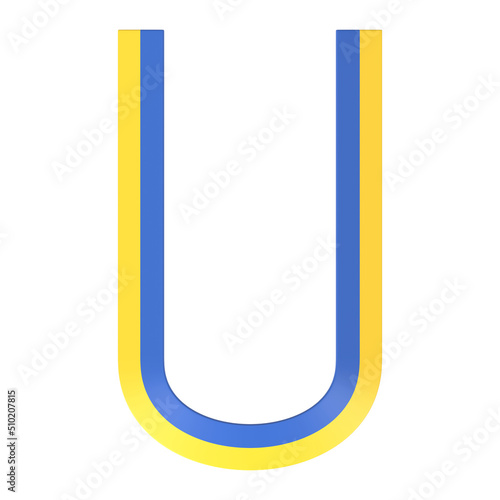 Letter U made of bended ribbons with Ukrainian flag colors, isolated on white, 3d rendering