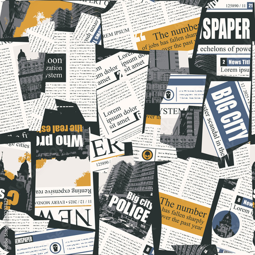 Seamless pattern with a collage of newspaper or magazine clippings. Retro style vector background with titles, illustrations and imitation text. Suitable for wallpaper design, wrapping paper, fabric