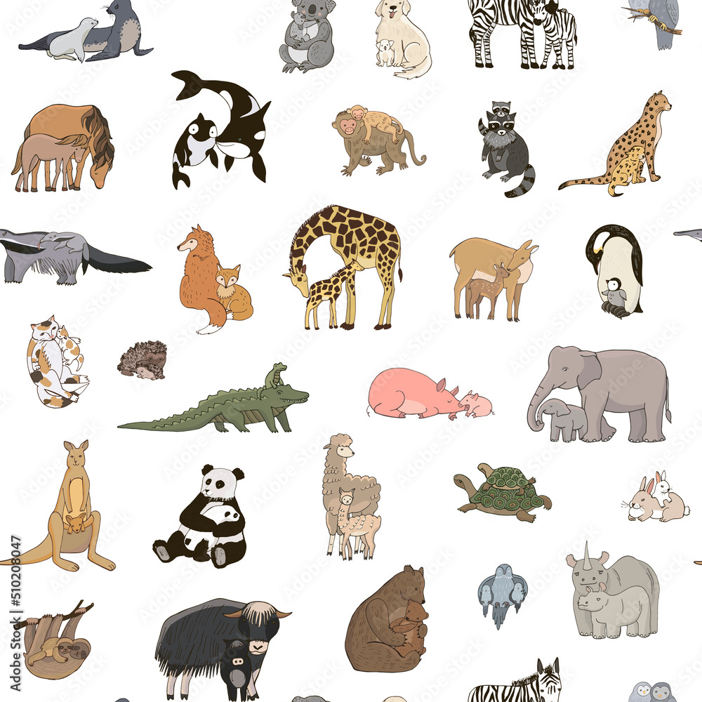 Obraz premium Animals with babies vector seamless pattern