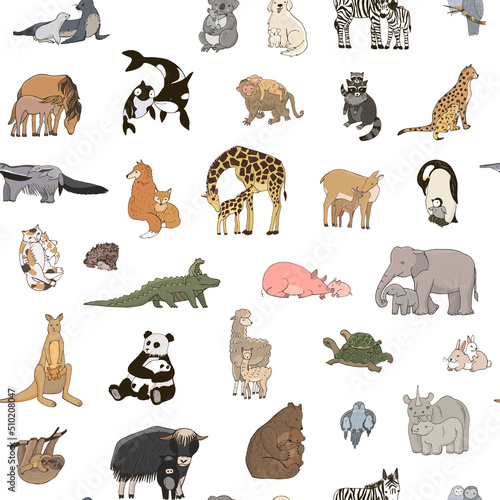 Animals with babies vector seamless pattern
