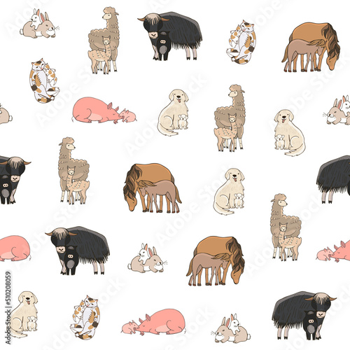 Farm animals with babies vector seamless pattern