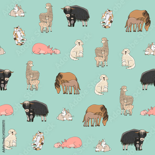 Farm animals with babies vector seamless pattern