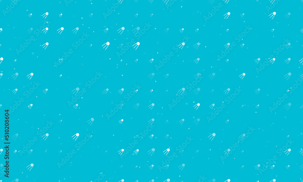 Seamless background pattern of evenly spaced white satellite symbols of different sizes and opacity. Vector illustration on cyan background with stars Seamless background pattern of evenly spaced white satellite symbols of different sizes and opacity. Vector illustration on cyan background with stars