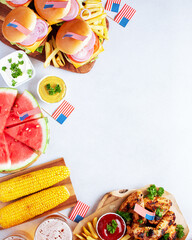 Table with food for USA 4th July Independence Day, copy space