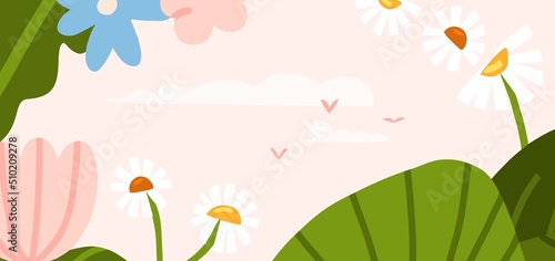 Hand drawn abstract graphic clip art illustration vector background banner of composition with abstract boho garden nature shapes,blossom flowers,leaves and berries.Modern botanical garden design.