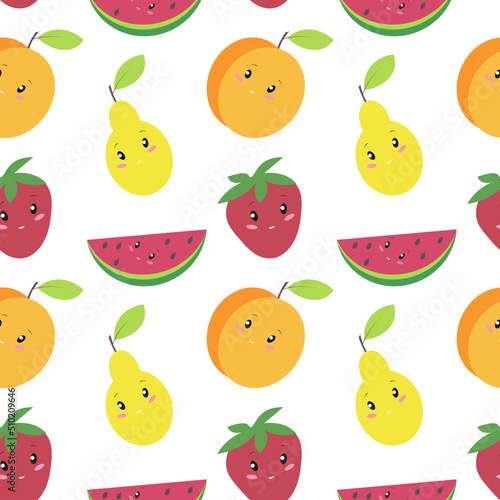 Cute summer pattern with kawaii fruit. Seamless baby pattern. Bright and positive fruit characters.