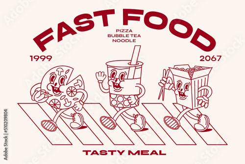Collection of cartoon characters. Instant noodles, pizza, bubble tea walking through the crosswalk. Set of comic fast food elements in trendy retro cartoon style with typography