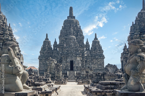 Font view of Sewu temple with statues in the summer morning. Candi Sewu, Buddhist temple of Prambanan, Yogyakarta, Central Java, Indonesia. Unesco, world heritage.