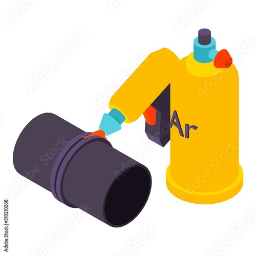 Welding work icon isometric vector. Manual welding torch, argon gas cylinder icon. Pipe soldering, iron industry, metallurgy