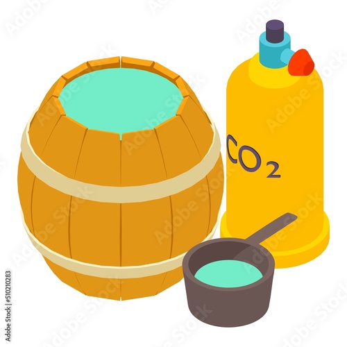 Forging equipment icon isometric vector. Carbon dioxide gas balon, wood barrel. Industrial equipment, iron industry, metallurgy