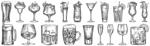 black and white engrave isolated drink set illustration