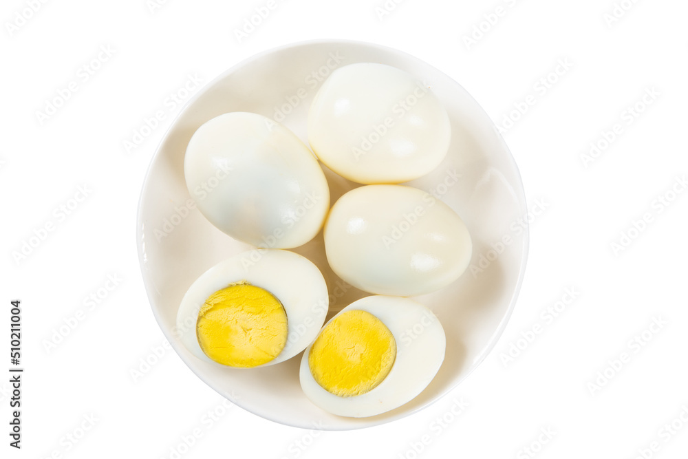 slice of peeled boiled eggs in plate isolated on white background slice of peeled boiled eggs in plate isolated on white background