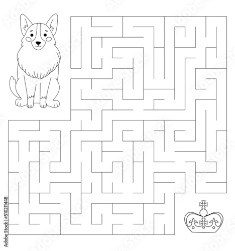 A maze for children with a royal corgi. Cute dog is looking for a crown. Children's educational game, coloring book.
