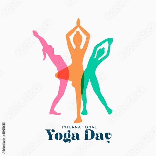 different yoga poses in colorful women silhouette for yoga day