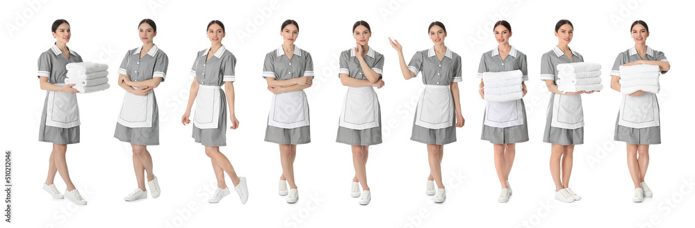 Collage with photos of chambermaid in uniform on white background. Banner design Collage with photos of chambermaid in uniform on white background. Banner design