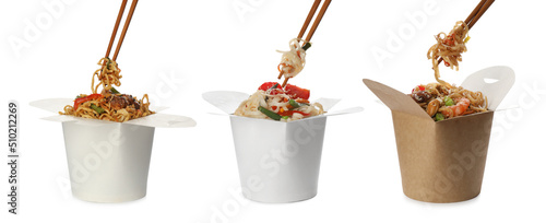 Set with boxes of tasty wok noodles on white background. Banner design