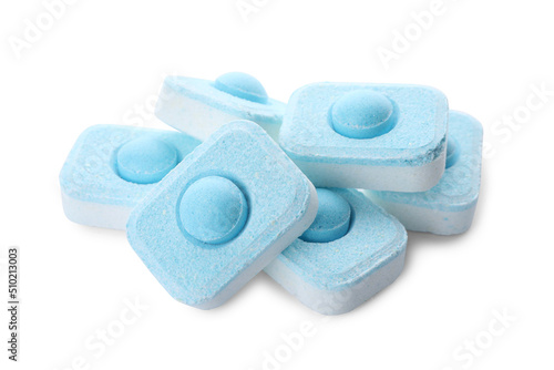 Pile of water softener tablets isolated on white