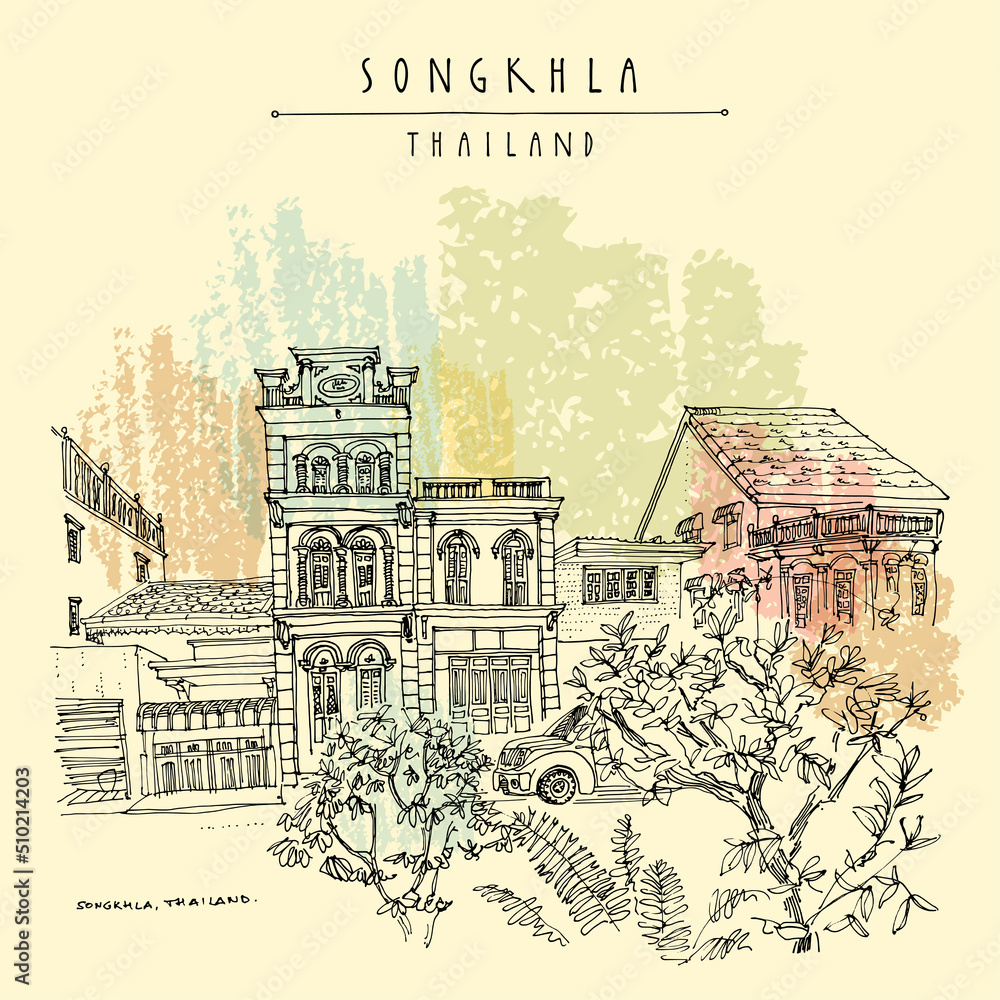Vector Songkhla, Thailand postcard. Old town houses street view. Historical buildings in Songkhla province in the South Thailand. Travel sketch. Hand drawn vintage poster