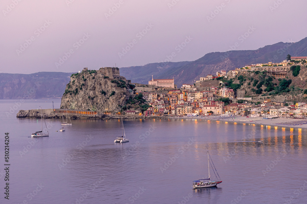 Scilla is a town in purple coast of Calabria, Italy. It is the traditional site of the sea monster Scylla of Greek mythology. - obrazy, fototapety, plakaty 