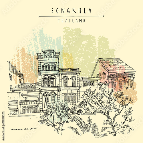 Vector Songkhla, Thailand postcard. Old town houses street view. Historical buildings in Songkhla province in the South Thailand. Travel sketch. Hand drawn vintage poster
