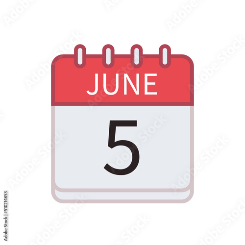 Calendar icon of 5 June. Date and month. Flat vector illustration..