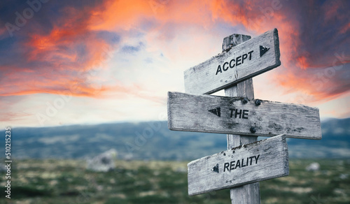 accept the reality text quote caption on wooden signpost outdoors in nature with dramatic sunset skies. Panorama crop.