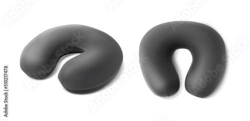 3d realistic vector icon set. Gray travel half round neck pillow in front and side view.