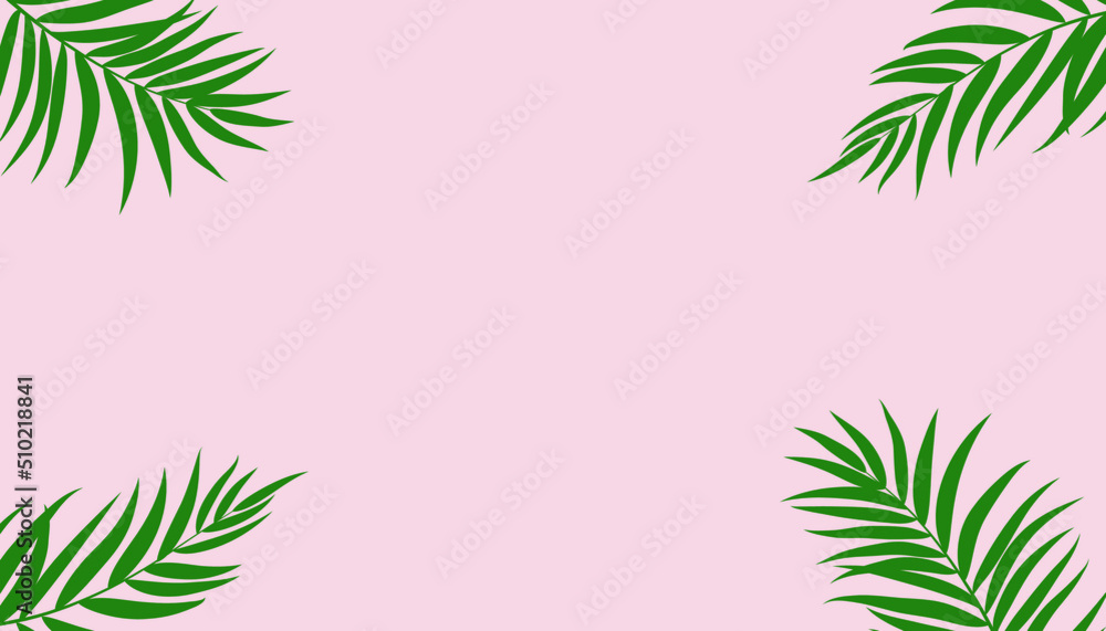 Tropical leaves on pink background. Flat lay top view. Summer vibe background concept