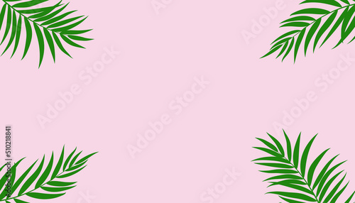 Tropical leaves on pink background. Flat lay top view. Summer vibe background concept