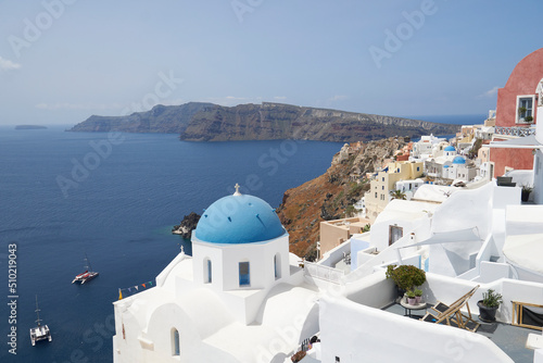  The blue-domed church with the sea background.