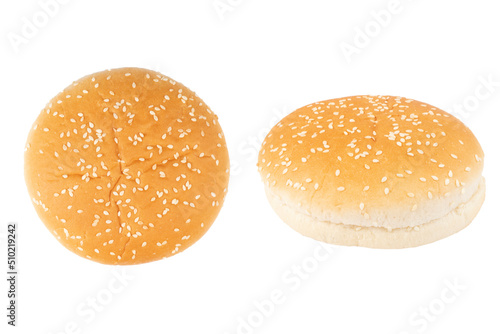 Fresh burger bun isolated on white background with clipping path. Sesame seed hamburger bun isolated on white. Top view.