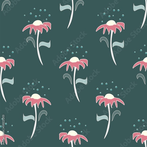 pink flowers on green vector seamless pattern