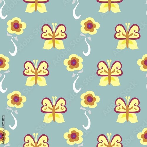 yellow and pink butterflies and flowers vector seamless pattern