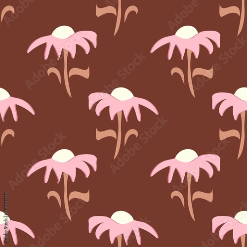 pink flowers on brown vector seamless pattern