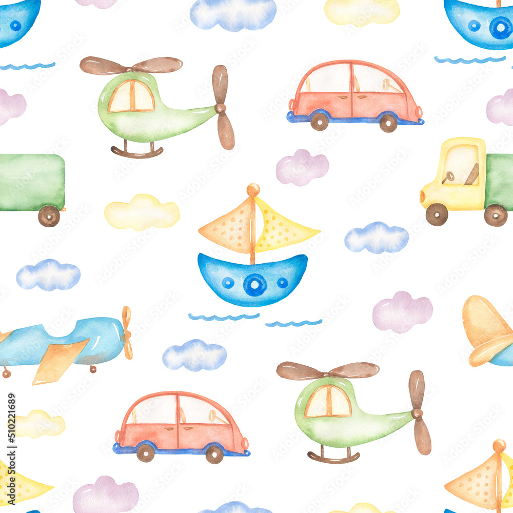Fototapeta premium Watercolor transport seamless pattern, Hellicopter print, cute boat paper, airplane and car, hand drawn kids party pattern. Artwork for textiles, fabrics, souvenirs, packaging, greeting card
