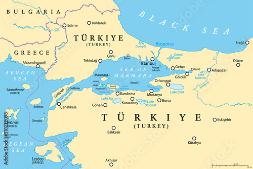Bosporus and Dardanelles, political map. The Turkish Straits, internationally significant and narrow waterways in Turkey. Passages, connecting the Aegean Sea and the Sea of Marmara with the Black Sea. photo