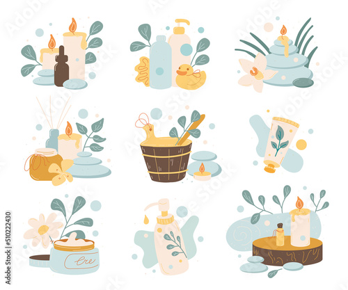 Vector set of spa eco beauty products shampoo stones body skin care candles and aromatherapy 