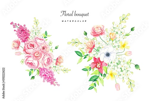 Watercolor set of floral arrangements of summer flowers ,perfect for greeting cards