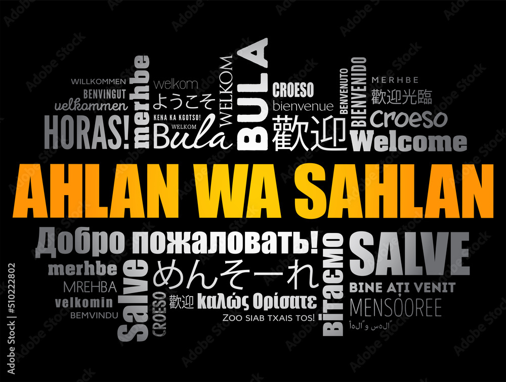 Ahlan Wa Sahlan (Welcome in Arabic) word cloud in different languages