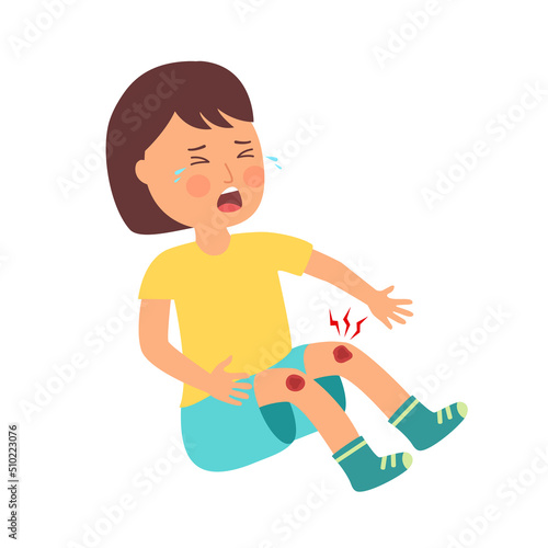 Crying girl kids has knee bleed in flat design on white background. Child injured.