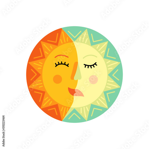 Summer solstice. Sun and moon face symbol on white background