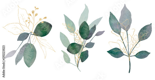 Green golden leaves watercolor  tree branches  foliage composition  hand painted  wedding bouquets clipart  eucalyptus 