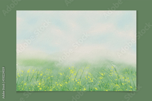 watercolor illustration of landscape with clouds and green grass and flowers field meadow