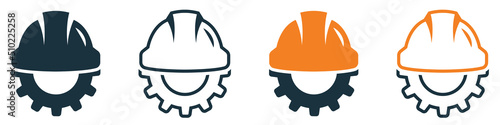 Set of helmet and gear icons. Workwear, helmet construction and cogwheel. Safety and protection, engineer. Construction helmet with gear, vector. photo