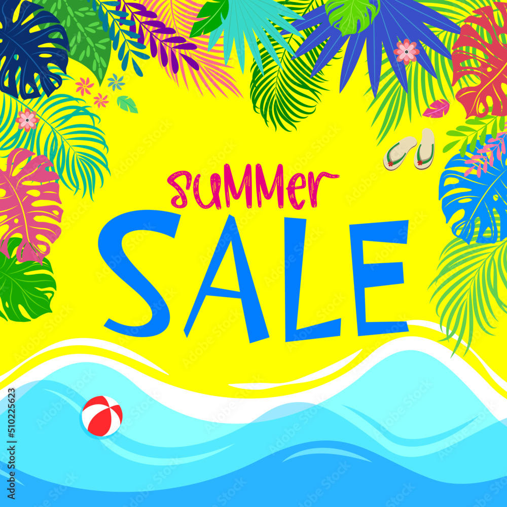 Summer sale. Summer colorful banner with stylized beach, sea and sand, resort. Stylized elements on the background, a feeling of hot weather and summer holidays. Banner for travel agency, business