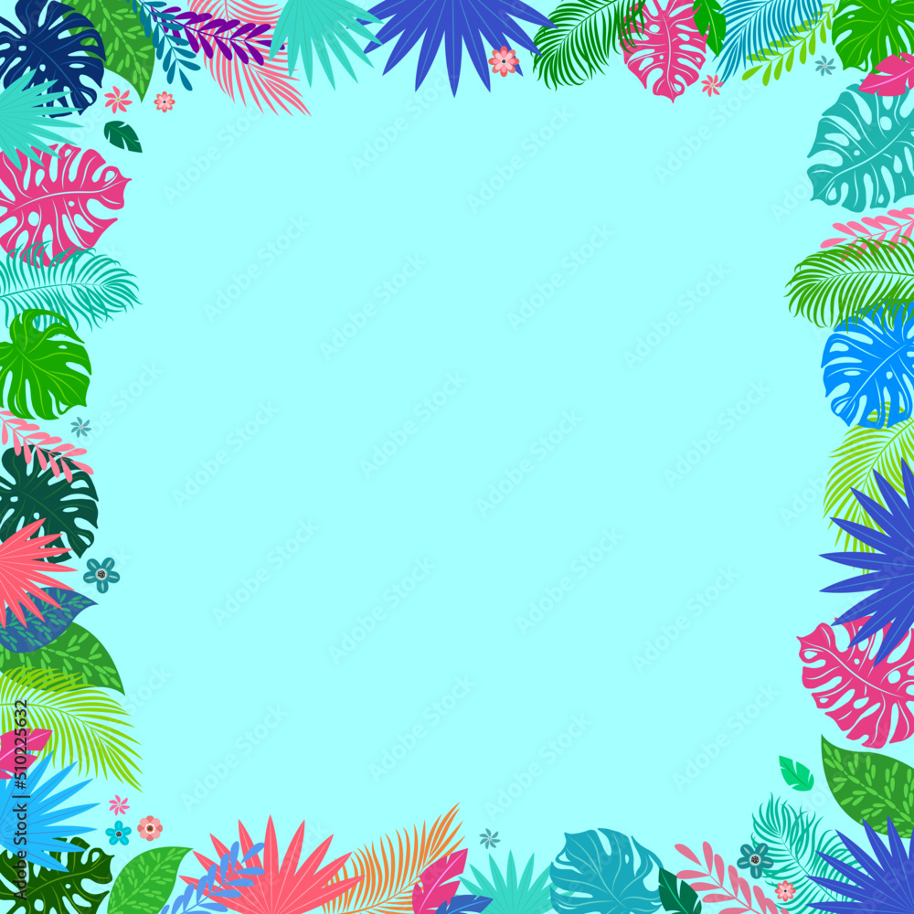 Summer background with colorful tropical plants on blue background, banner design. Square poster, greeting card, banner for the site with an empty place to enter text