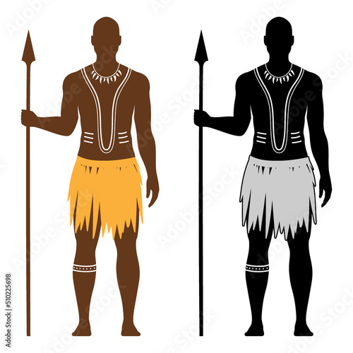 Vector set of African black warrior man with traditional body art, holding a spear, and dressed in an ethnic dress, isolated on white background.