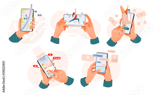 Hands holding mobile phones set. Ordering products through the app, watching videos, chatting on social networks, an online map in your phone. Flat vector illustration